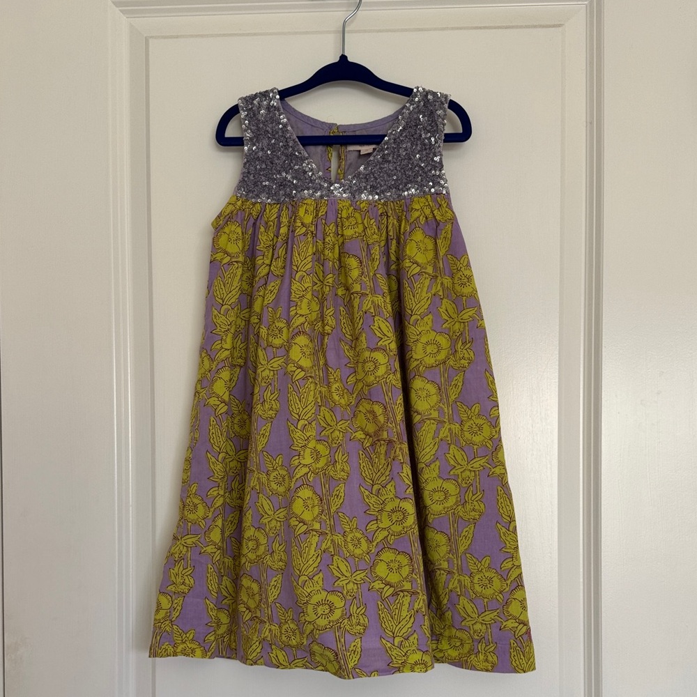 Pink Chicken | Kids Purple and Yellow Floral Sequin Yoke Dress | Size 7